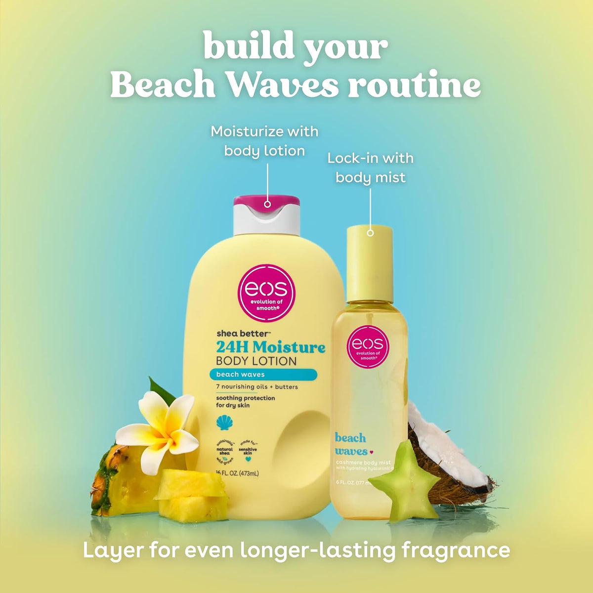 Two EOS Essentials body care products on a soft gradient background with tropical fruit and flower props. The larger bottle is beach waves body lotion, and the smaller bottle is beach waves body mist.