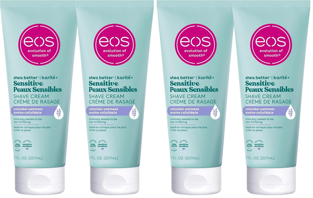 Four tubes of EOS Sensitive Peps Sensibles Shave Cream arranged side by side on a white background.