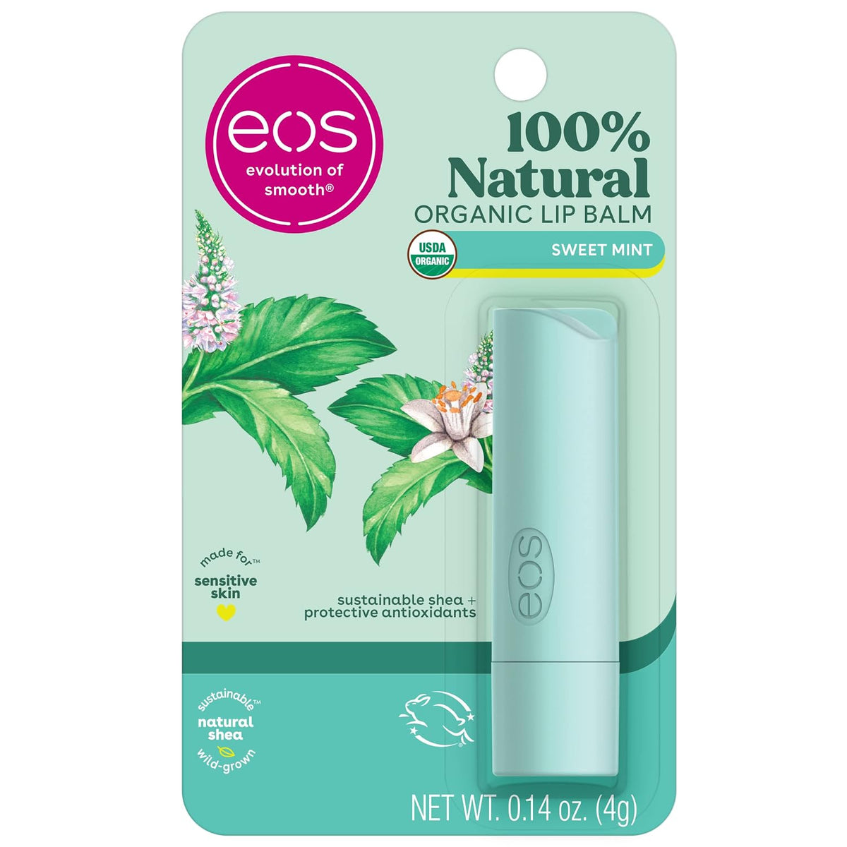 eos 100% Natural Organic Lip Balm packaging with green leaves and flowers on a light green background