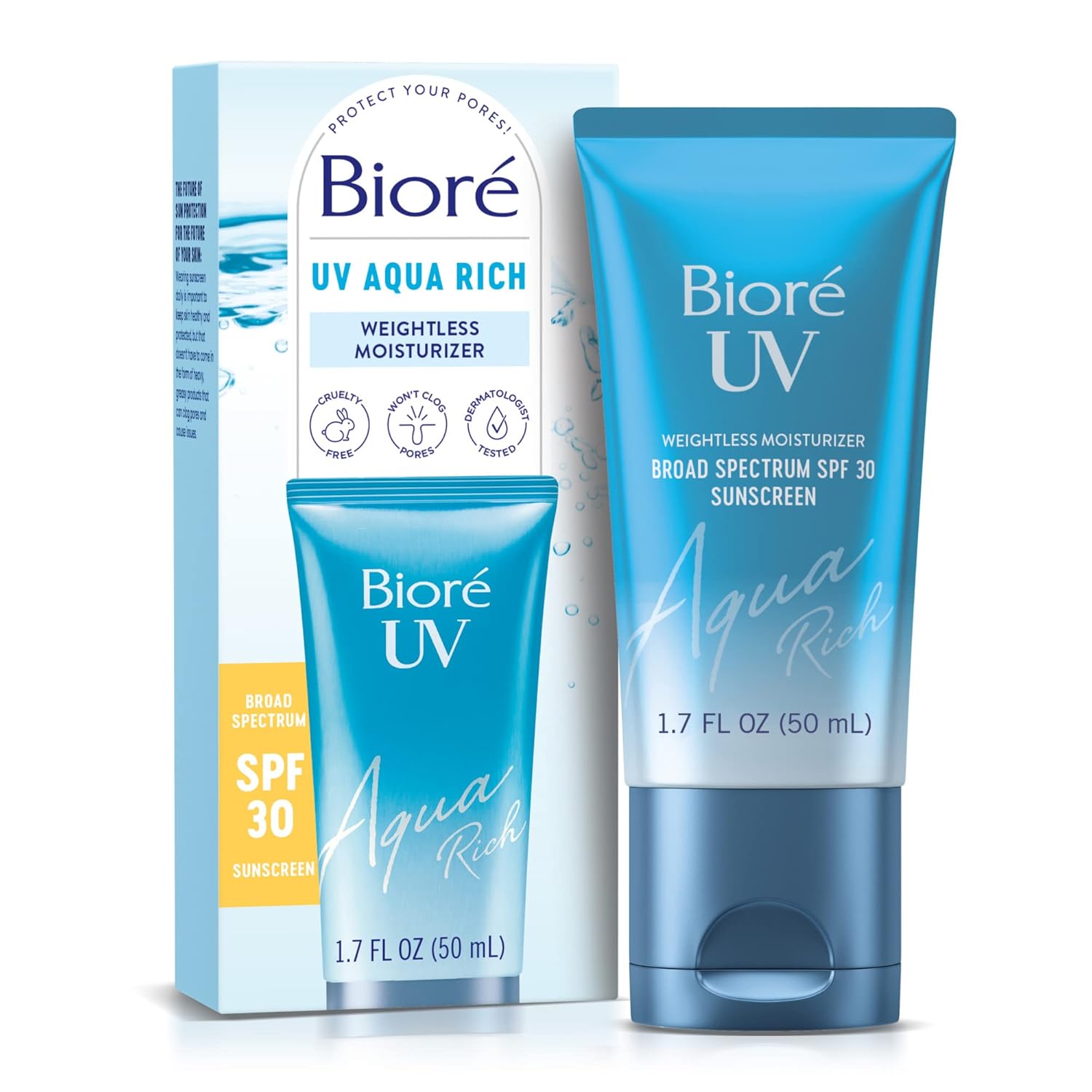 Biore UV Aqua Rich Daily Hydrating Facial Moisturizer with SPF 50 | Oil Free Sunscreen & Primer for Makeup with Hyaluronic Acid, No White Cast, Non-Comedogenic, For Sensitive Skin, PA++++, 1.7 Oz