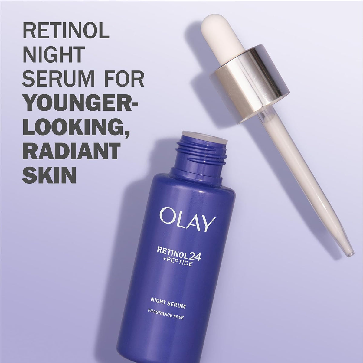 Olay Retinol 24 night serum with dropper on a light purple background