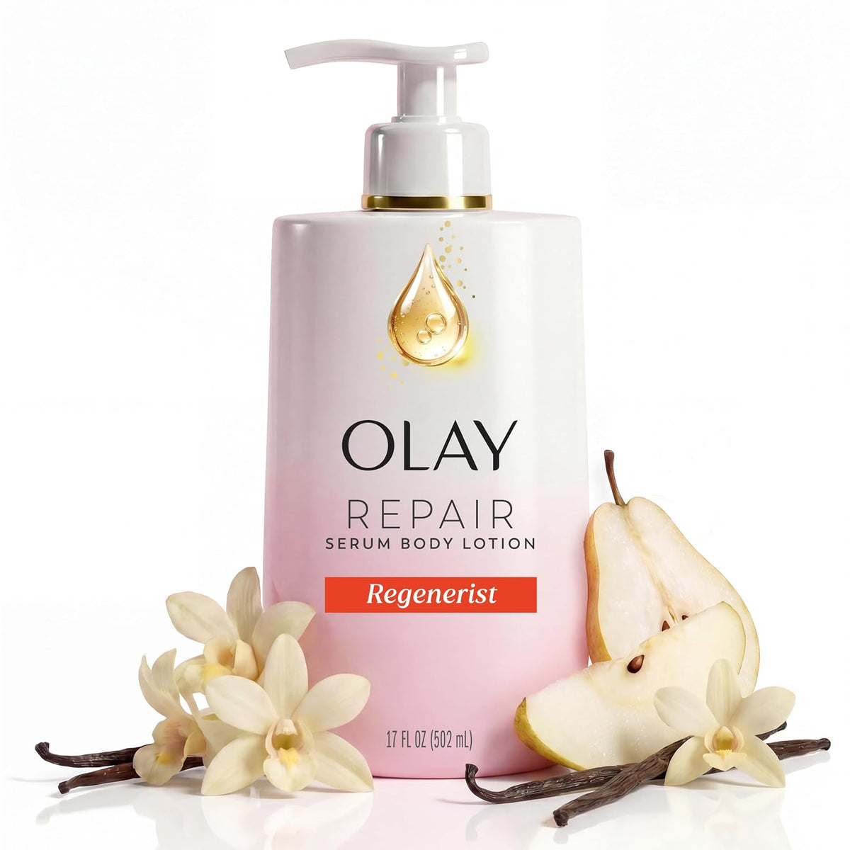 Olay Repair Serum Body Lotion Regenerist pump bottle in a soft pink and white design with gold accents, styled with pear slices, vanilla orchids, and vanilla beans on a white background.