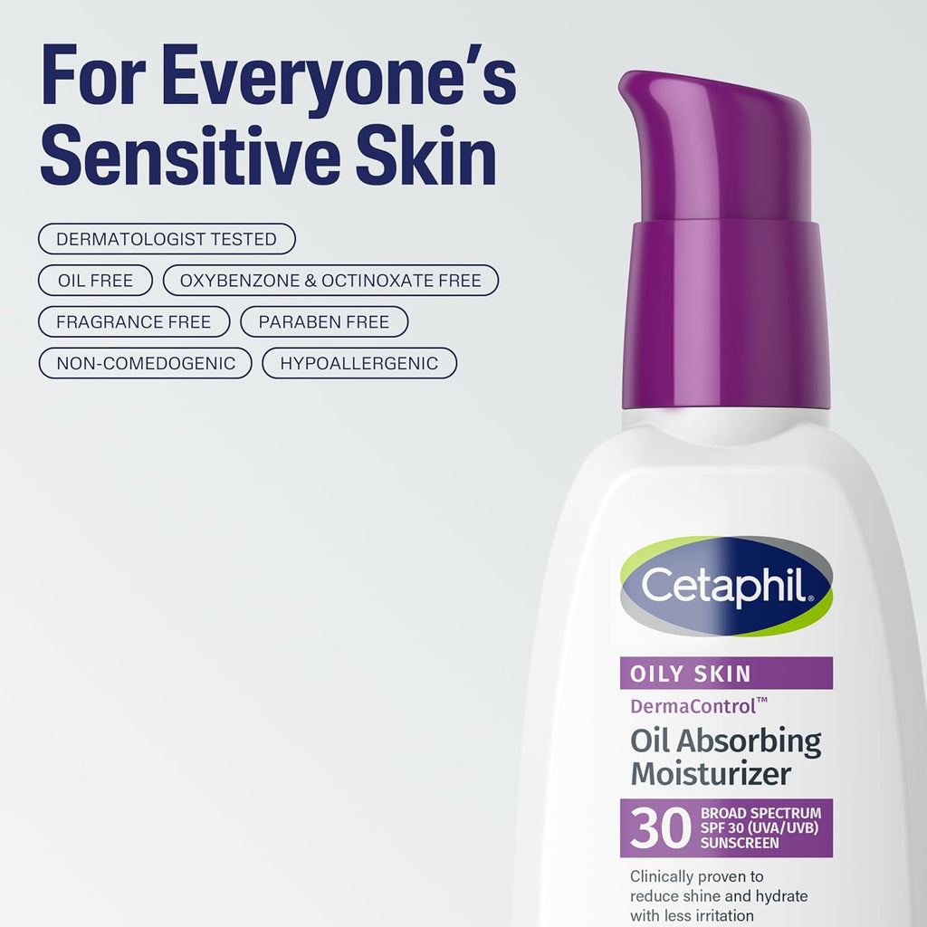 Cetaphil oil-absorbing moisturizer bottle with purple cap on a light gray background