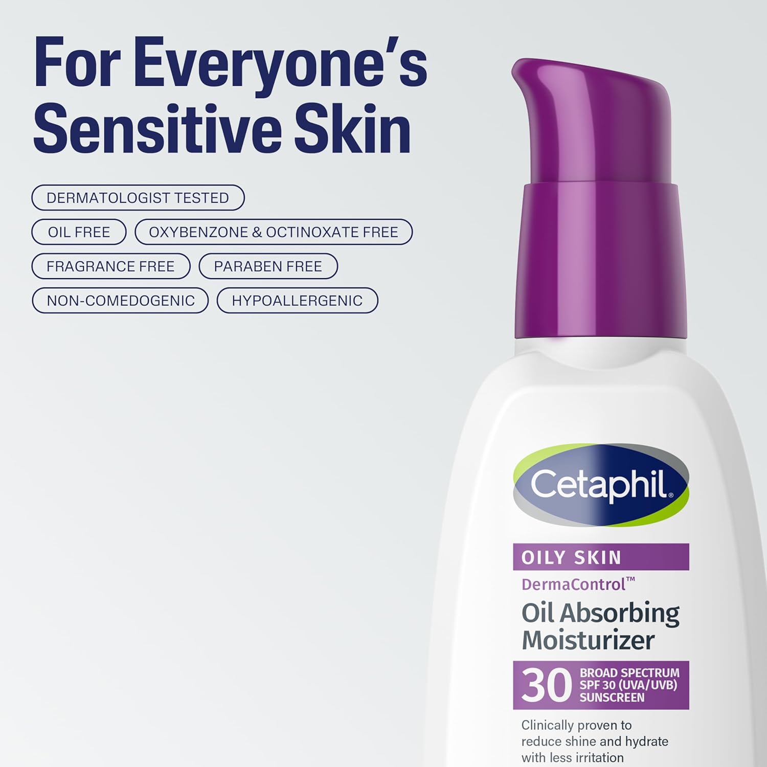 Cetaphil oil-absorbing moisturizer bottle with purple cap on a light gray background