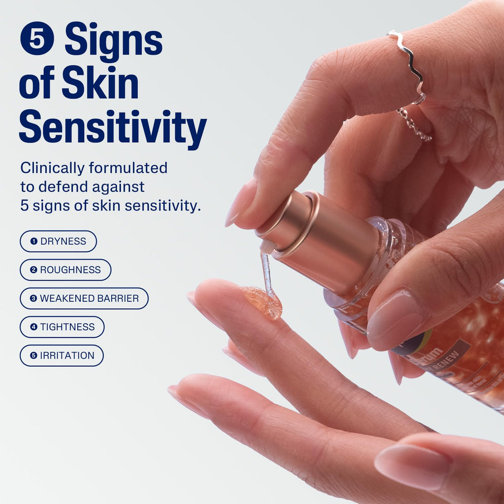 Hand holding a skincare product with text on skin sensitivity and product features.