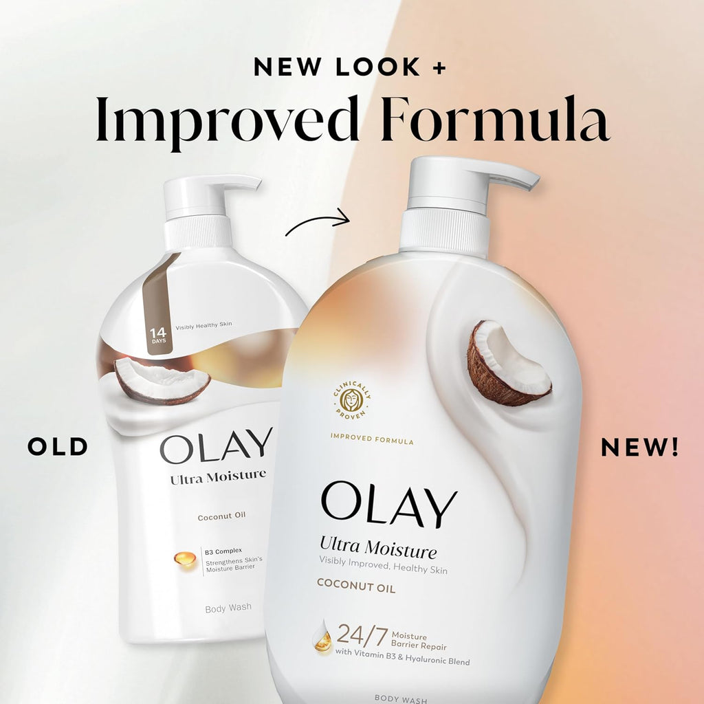 OLAY Ultra Moisture coconut oil body wash with old and new product comparison on a gradient background