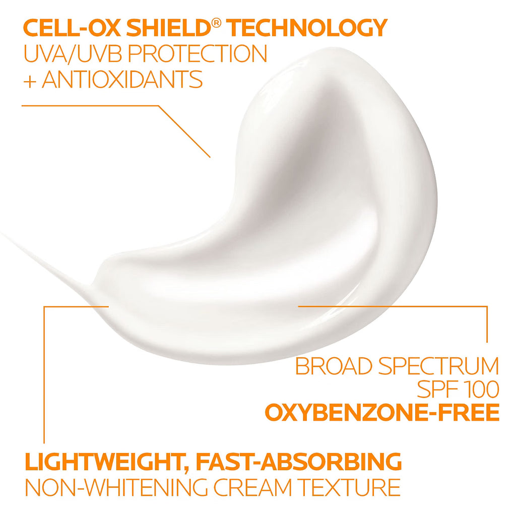 White cream texture with text highlighting Cell-Ox Shield Technology features on a white background