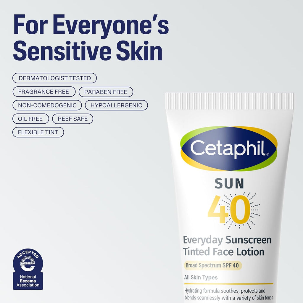 A tube of Cetaphil Sun 40 Everyday Sunscreen Tinted Face Lotion shown on a light gray background with marketing text and feature callouts for sensitive skin.