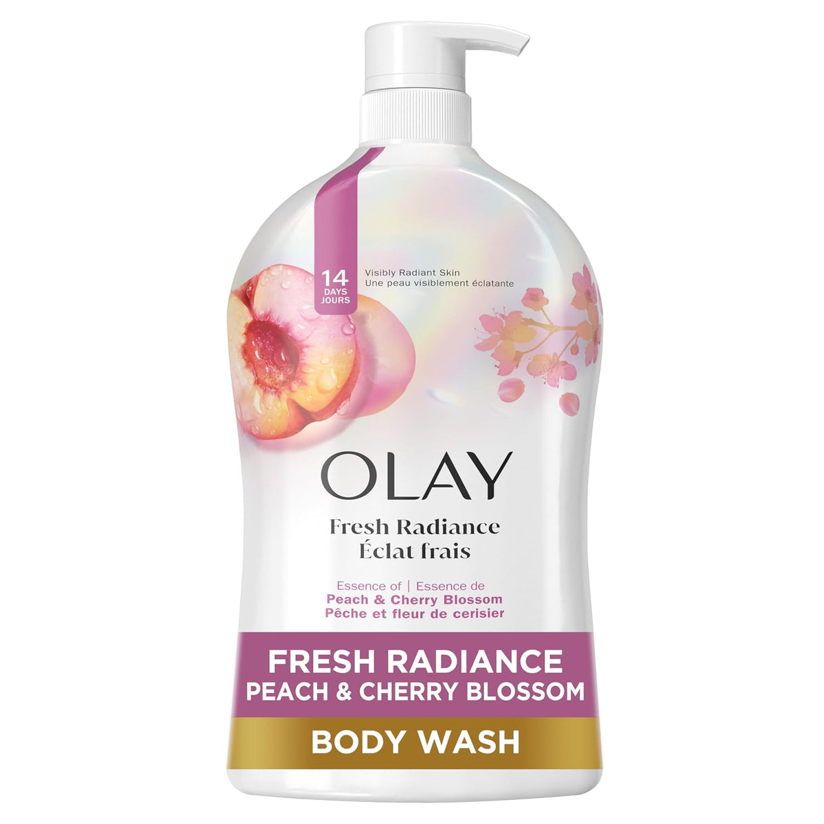 Olay Fresh Radiance Peach & Cherry Blossom body wash bottle on a white background