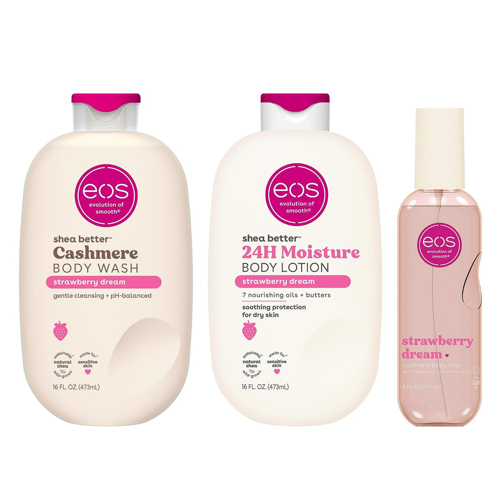 Three EOS Shea Better body care products in Strawberry Dream scent: a Cashmere Body Wash bottle, a 24H Moisture Body Lotion bottle, and a smaller toner bottle, all on a white background.