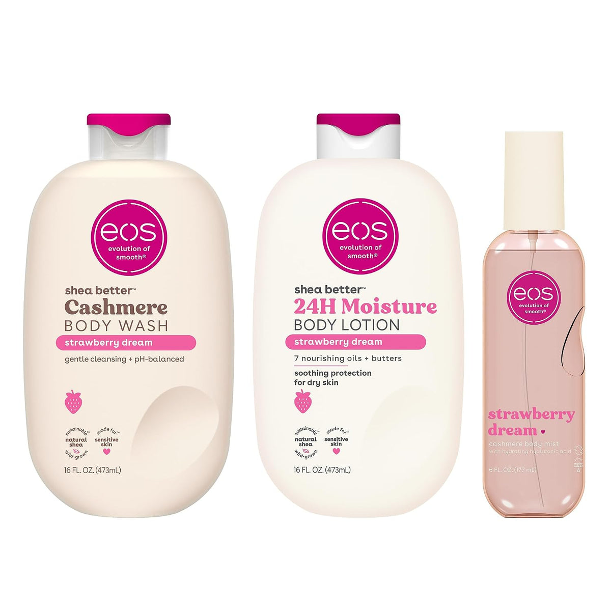 Three EOS Shea Better body care products in Strawberry Dream scent: a Cashmere Body Wash bottle, a 24H Moisture Body Lotion bottle, and a smaller toner bottle, all on a white background.