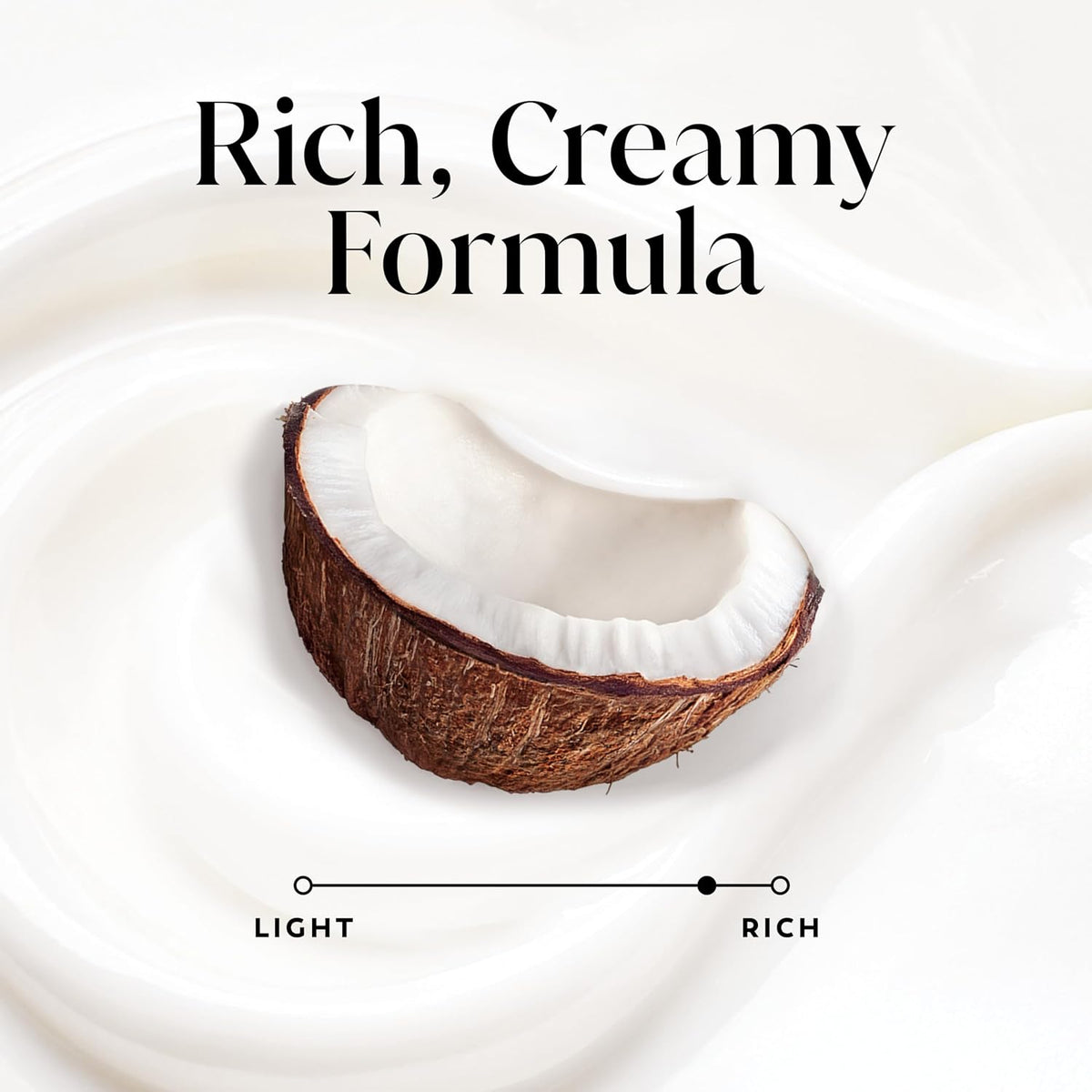Coconut split open with text 'Rich, Creamy Formula' on a white background