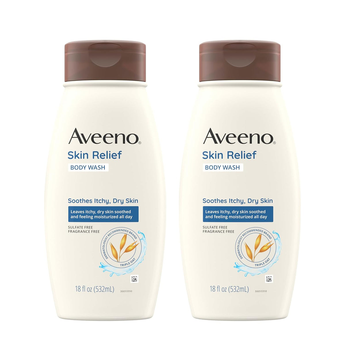 Two bottles of Aveeno Skin Relief Body Wash side by side on a white background.