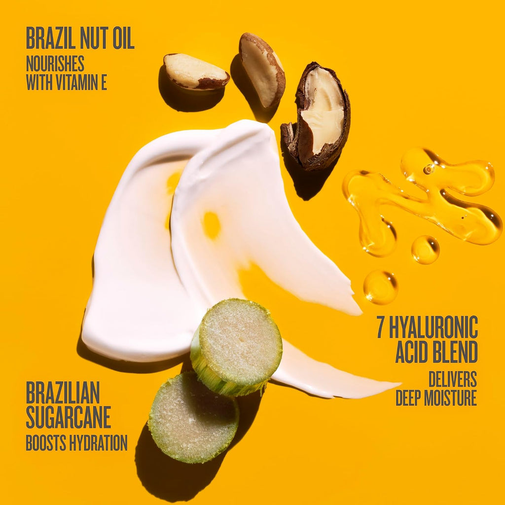 Product advertisement with Brazil nut oil, sugarcane, and hyaluronic acid on a yellow background