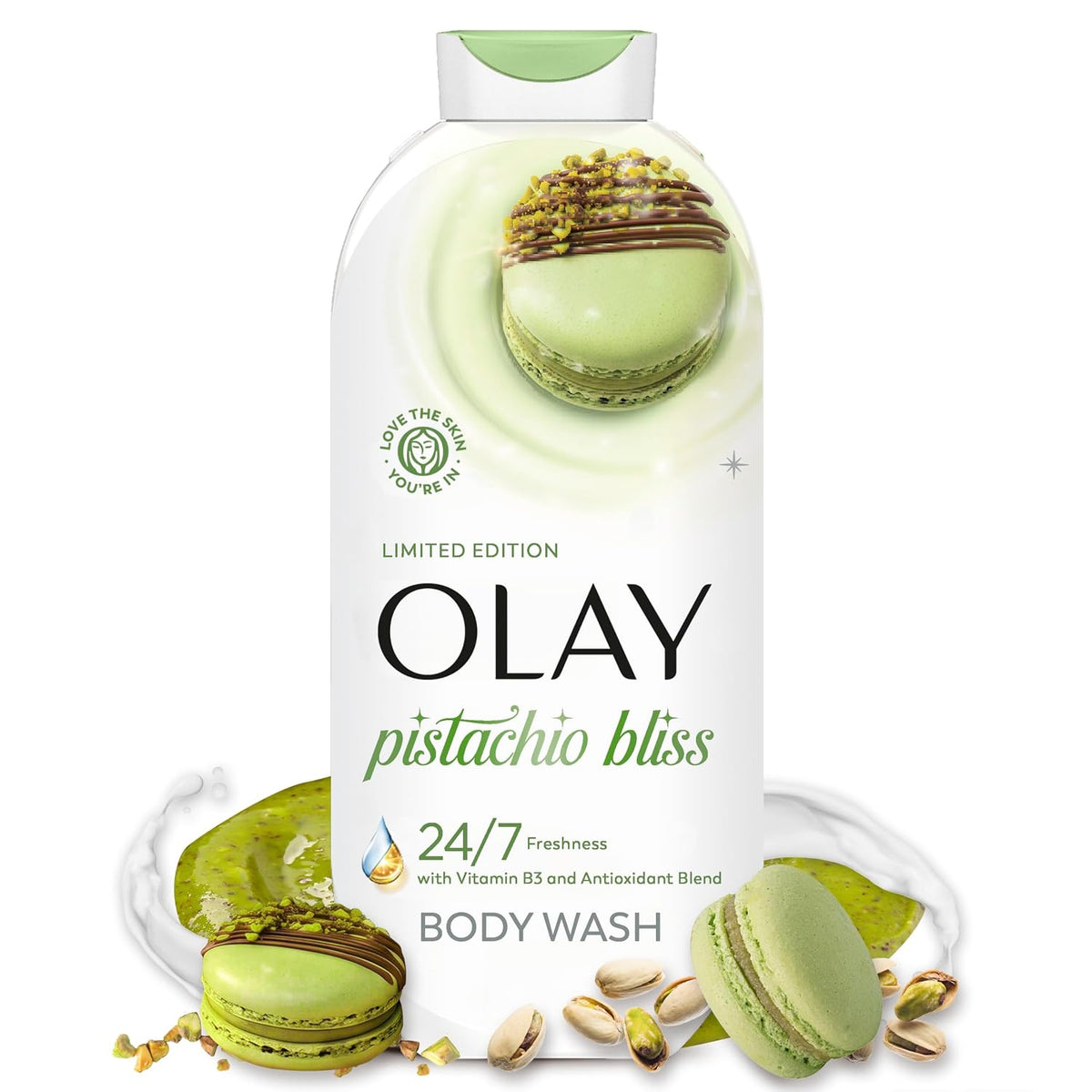 Olay Pistachio Bliss body wash bottle with green macarons and pistachio illustrations on a white background.