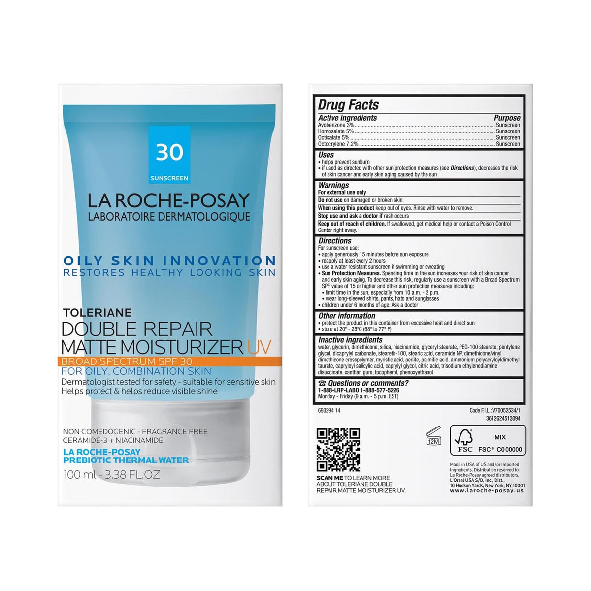 Front and back packaging views of La Roche-Posay Toleriane Double Repair Matte Moisturizer UV in a 100 mL squeeze tube, shown on a plain white background.