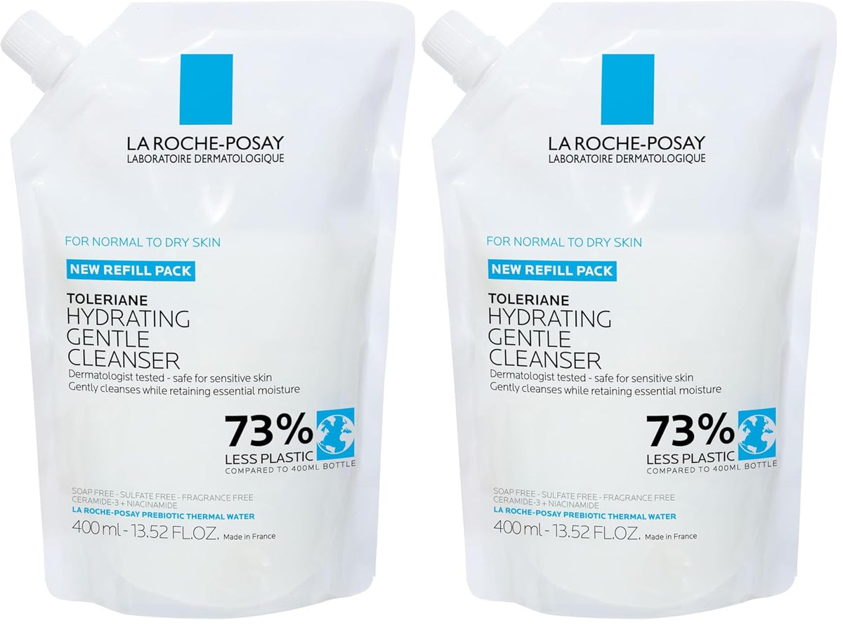 Two white La Roche-Posay Toleriane Hydrating Gentle Cleanser refill pouches side by side on a white background.