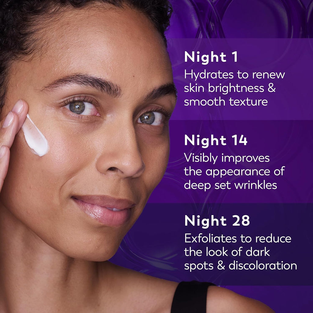 Woman applying cream with skincare product features on a purple background