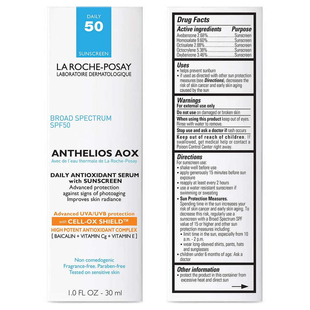 La Roche-Posay Broad Spectrum SPF 50 sunscreen bottle packaging shown on a white background, with the front label on the left and the back Drug Facts panel on the right.