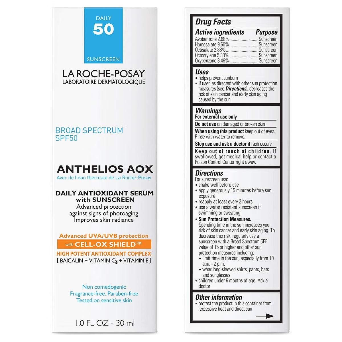 La Roche-Posay Broad Spectrum SPF 50 sunscreen bottle packaging shown on a white background, with the front label on the left and the back Drug Facts panel on the right.