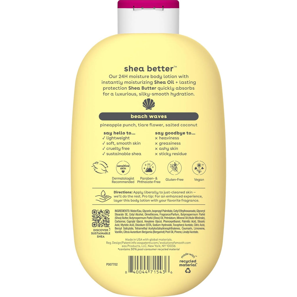 Back view of a beach waves Shea Better body lotion bottle, showing the yellow label with product details, ingredients, and barcode.