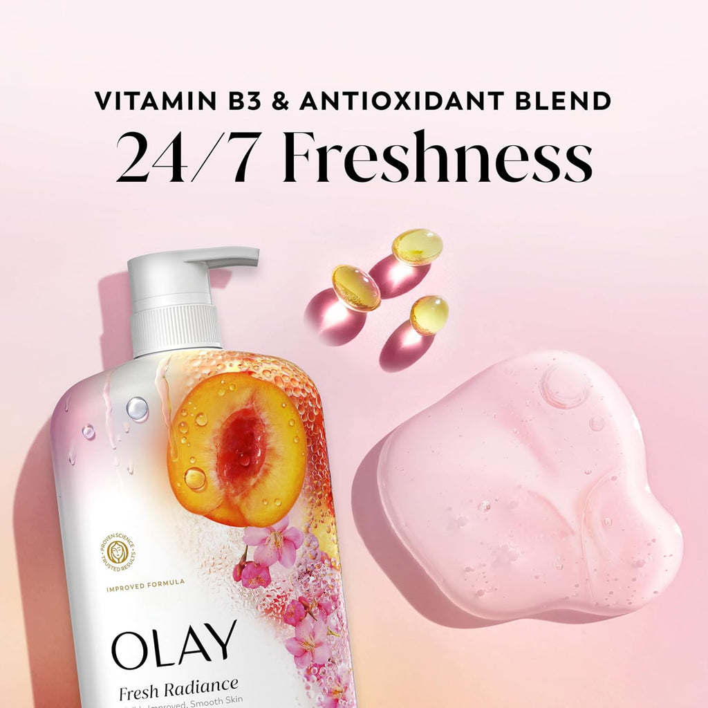 Olay Fresh Radiance bottle with peach design on a pink background, featuring text about vitamin B3 and antioxidant blend.