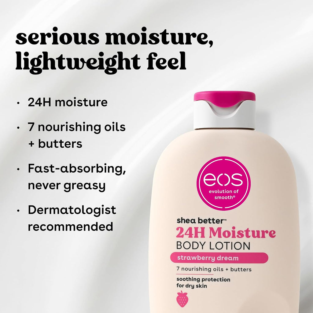 A bottle of EOS 24H Moisture Body Lotion with a white cap and pink label, set against a white background with a pink graphic overlay detailing its moisturizing benefits.
