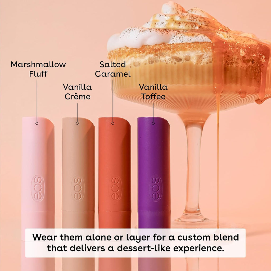 eos lip balm tubes with flavors labeled and a dessert-like product in the background.