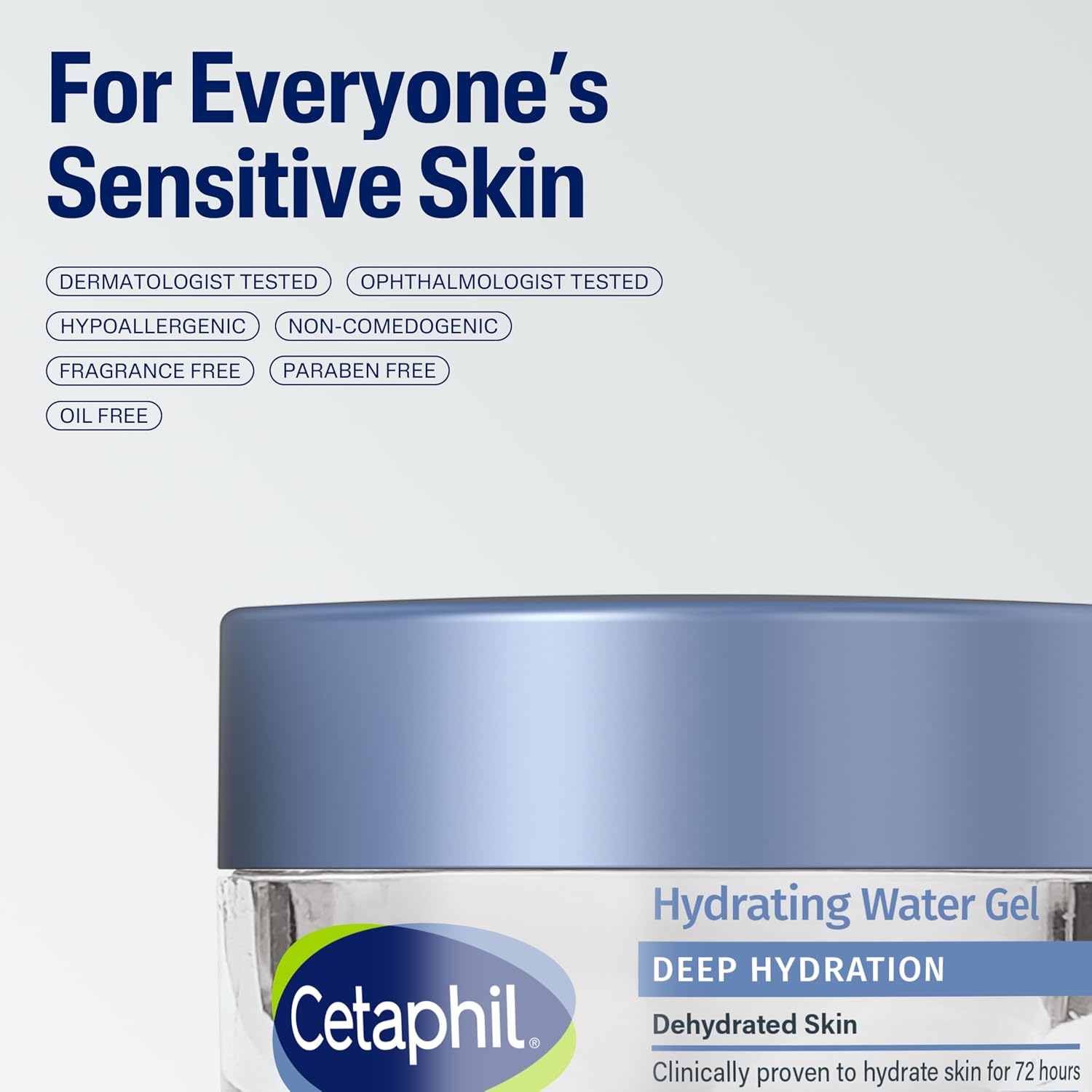 Cetaphil hydrating water gel for sensitive skin with blue lid and clear container.