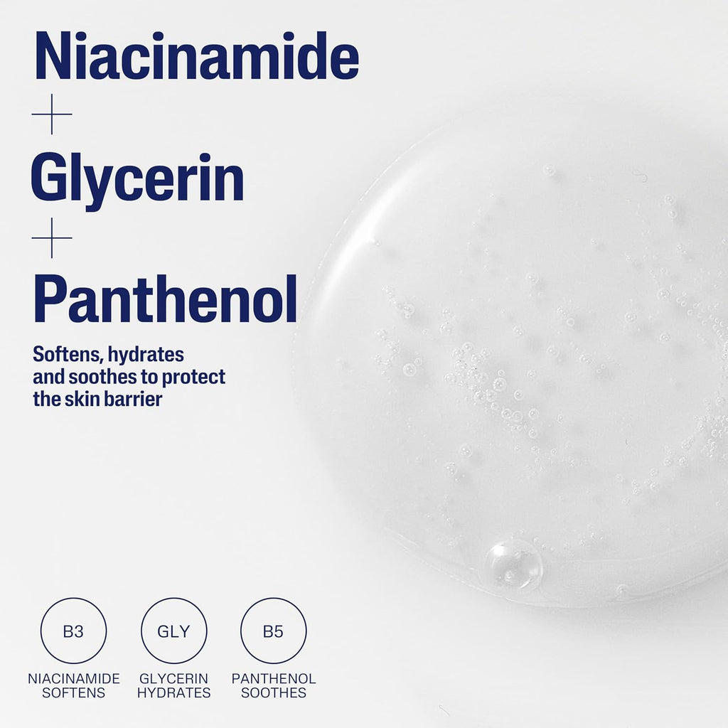 Product packaging with niacinamide, glycerin, and panthenol text on a white background