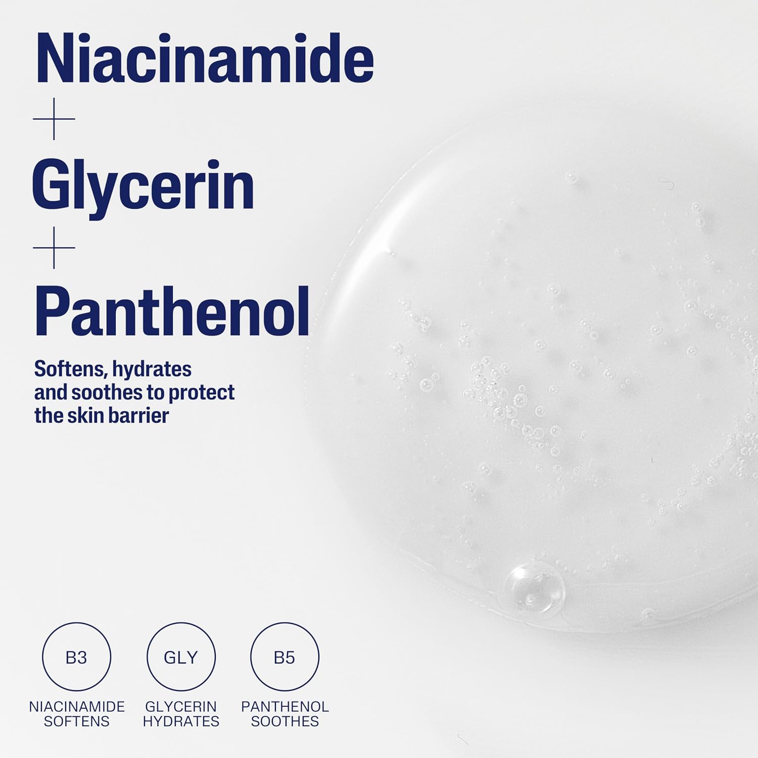 Product packaging with niacinamide, glycerin, and panthenol text on a white background