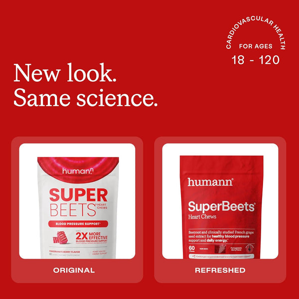 Humann SuperBeets Heart Chews, Nitric Oxide and Blood Pressure Support, Grape Seed Extract & Non-GMO Beet Root Powder Energy Supplement, Pomegranate Berry Flavor, 60 Count