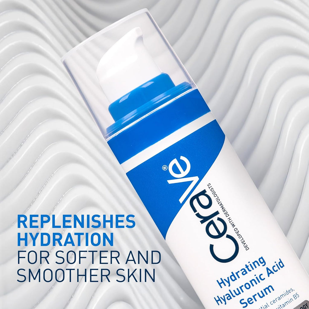CeraVe Hyaluronic Acid Serum bottle with promotional text on a wavy gray background