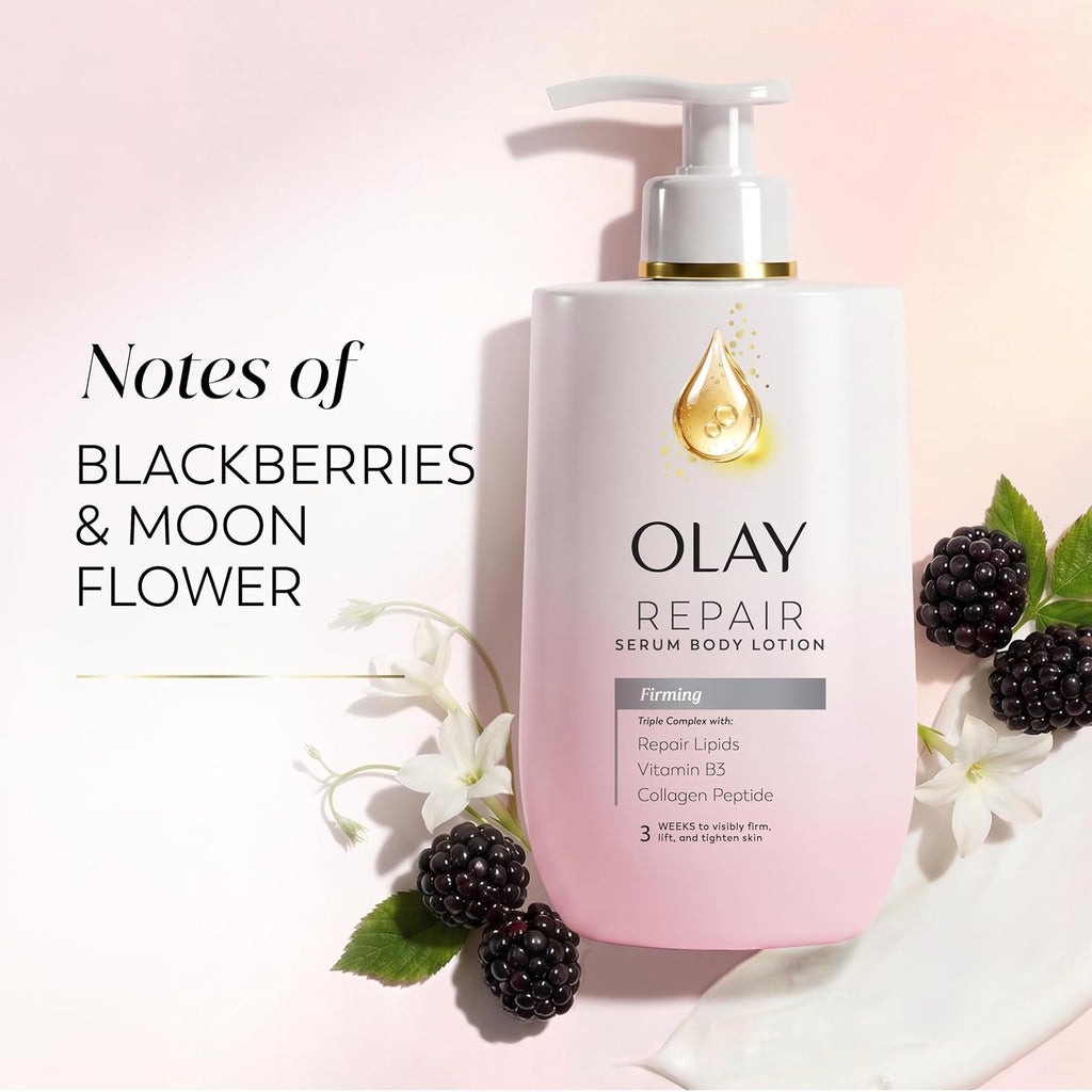 Olay Repair Serum Body Lotion bottle in a soft pink and white design with a gold droplet logo, styled with blackberries, white flowers, and green leaves on a light pink background. Text on the left reads 'Notes of Blackberries & Moon Flower'.