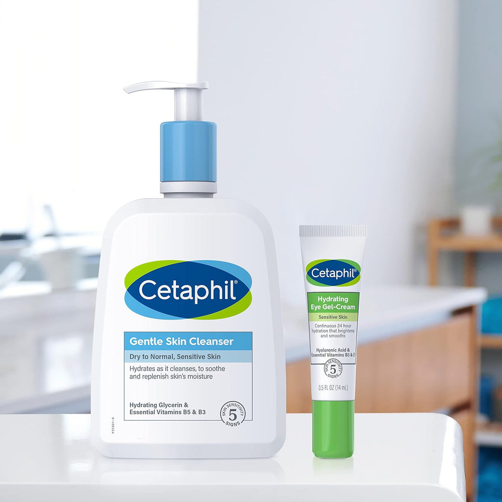 Cetaphil Gentle Skin Cleanser and Hydrating Eye Gel Cream on a white surface with a blurred indoor background.