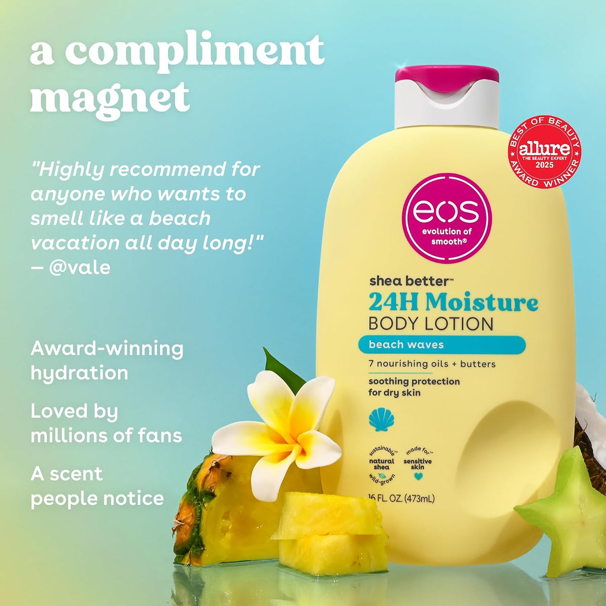 A bottle of EOS Wellness Smooth Shea Better 24H Moisture Body Lotion in 'Beach Waves' scent, styled with tropical props like pineapple, a plumeria flower, and a coconut on a light blue background with promotional text.