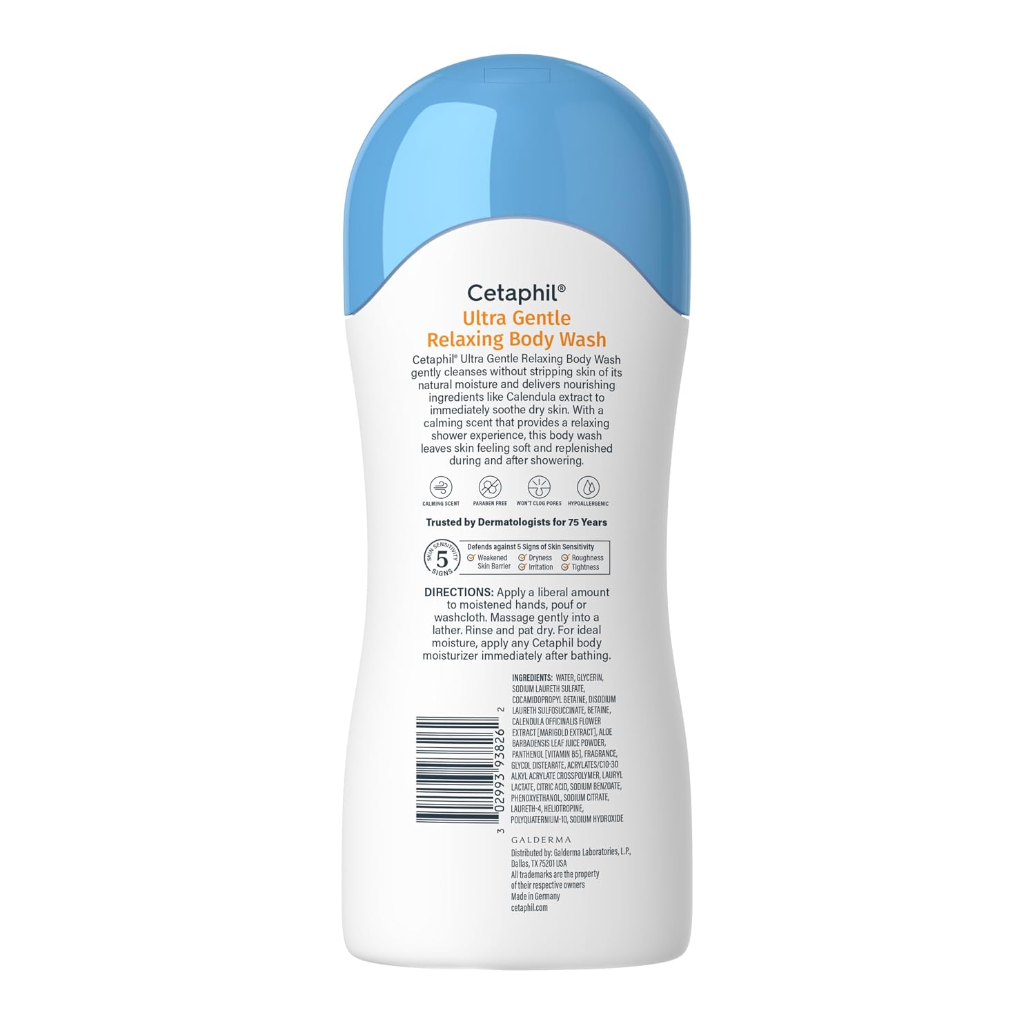 Cetaphil Ultra Gentle Relaxing Body Wash bottle with blue cap on a white background