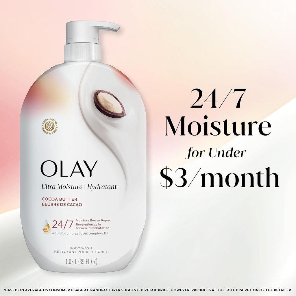 OLAY Ultra Moisture bottle with promotional text on a gradient background