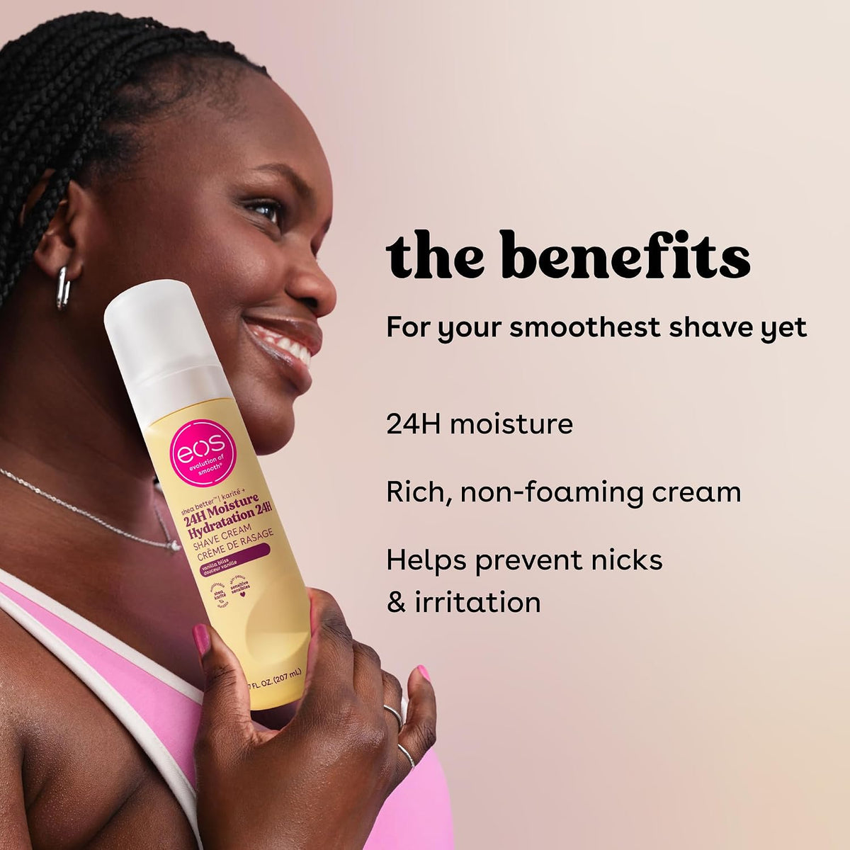 A woman holding a bottle of EOS 24-Month Moisture & Niacin Shave Gel against a soft beige background with promotional text highlighting benefits like 24H moisture and rich, non-foaming cream.