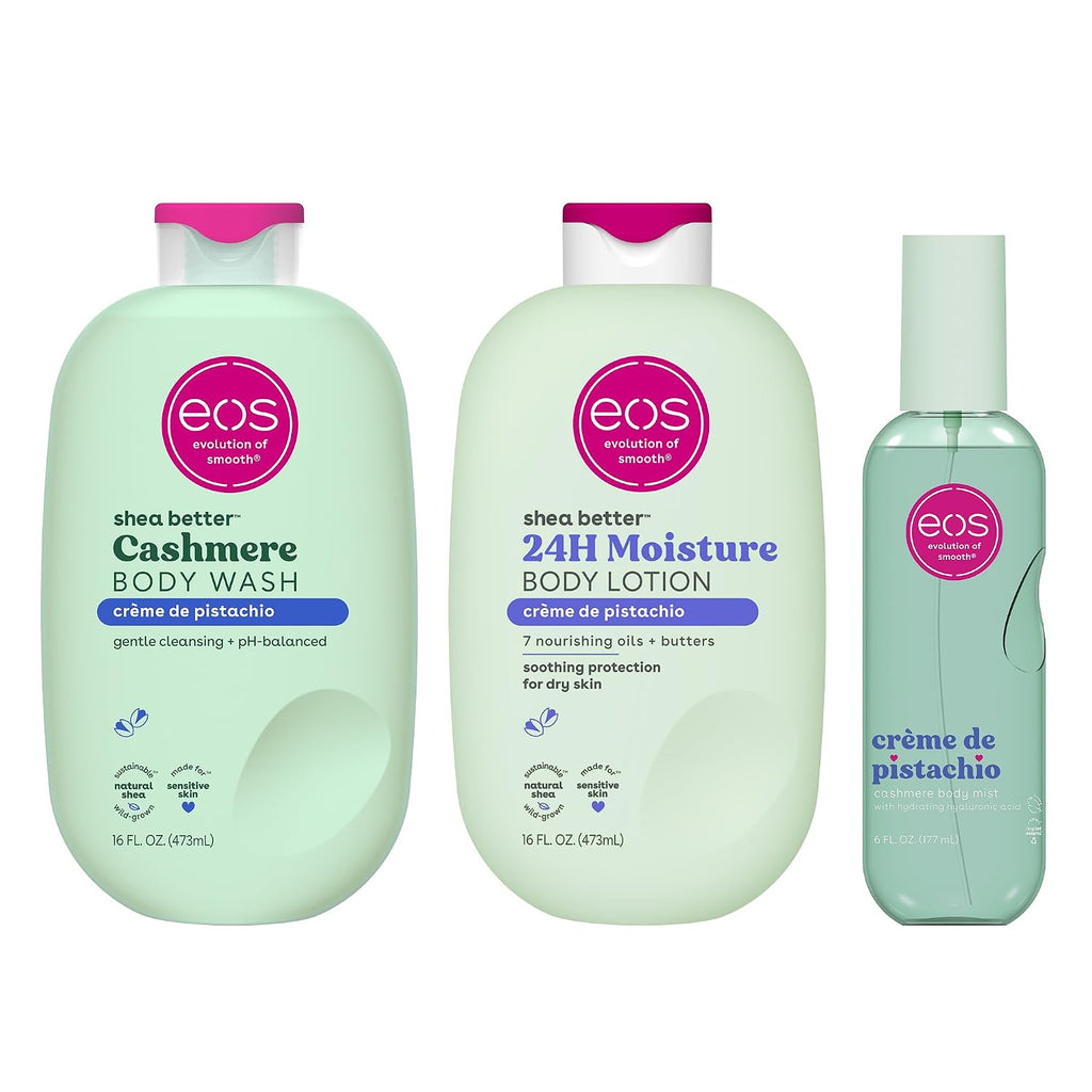 Three EOS shea better body care products in a row on a white background: Cashmere Body Wash, 24H Moisture Body Lotion, and Crème de Pistachio lotion in a smaller bottle.