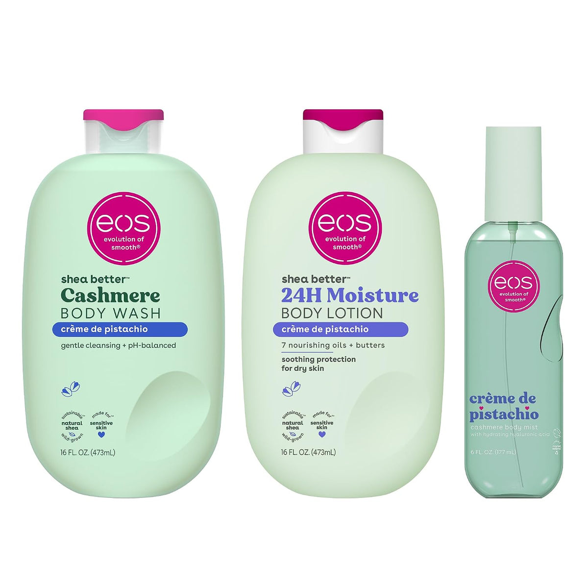 Three EOS shea better body care products in a row on a white background: Cashmere Body Wash, 24H Moisture Body Lotion, and Crème de Pistachio lotion in a smaller bottle.