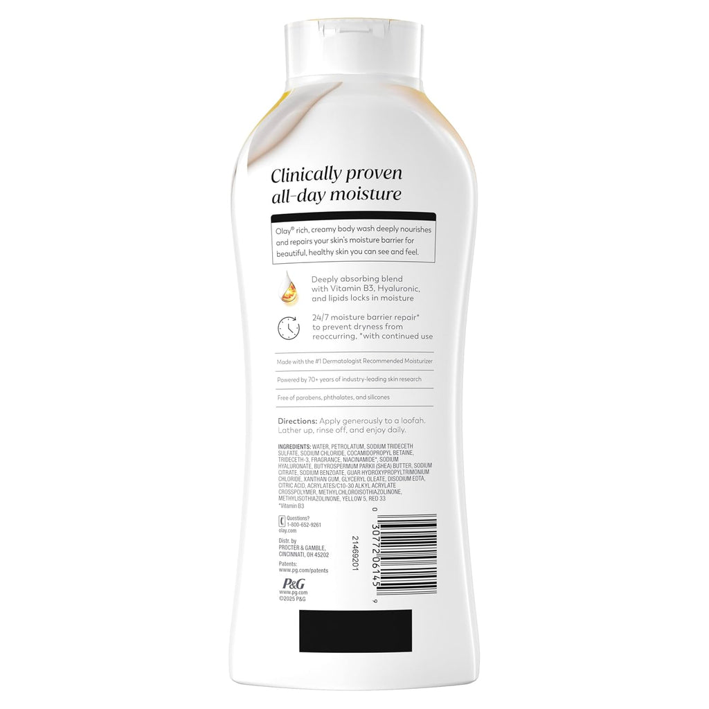 A white bottle of PEG Beauty clinically proven all day moisture body wash, shown from the back against a white background.