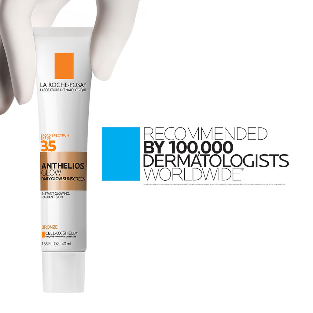 La Roche-Posay sunscreen tube with branding and dermatologist recommendation text on a white background