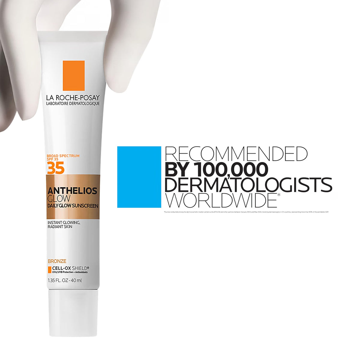 La Roche-Posay sunscreen tube with branding and dermatologist recommendation text on a white background