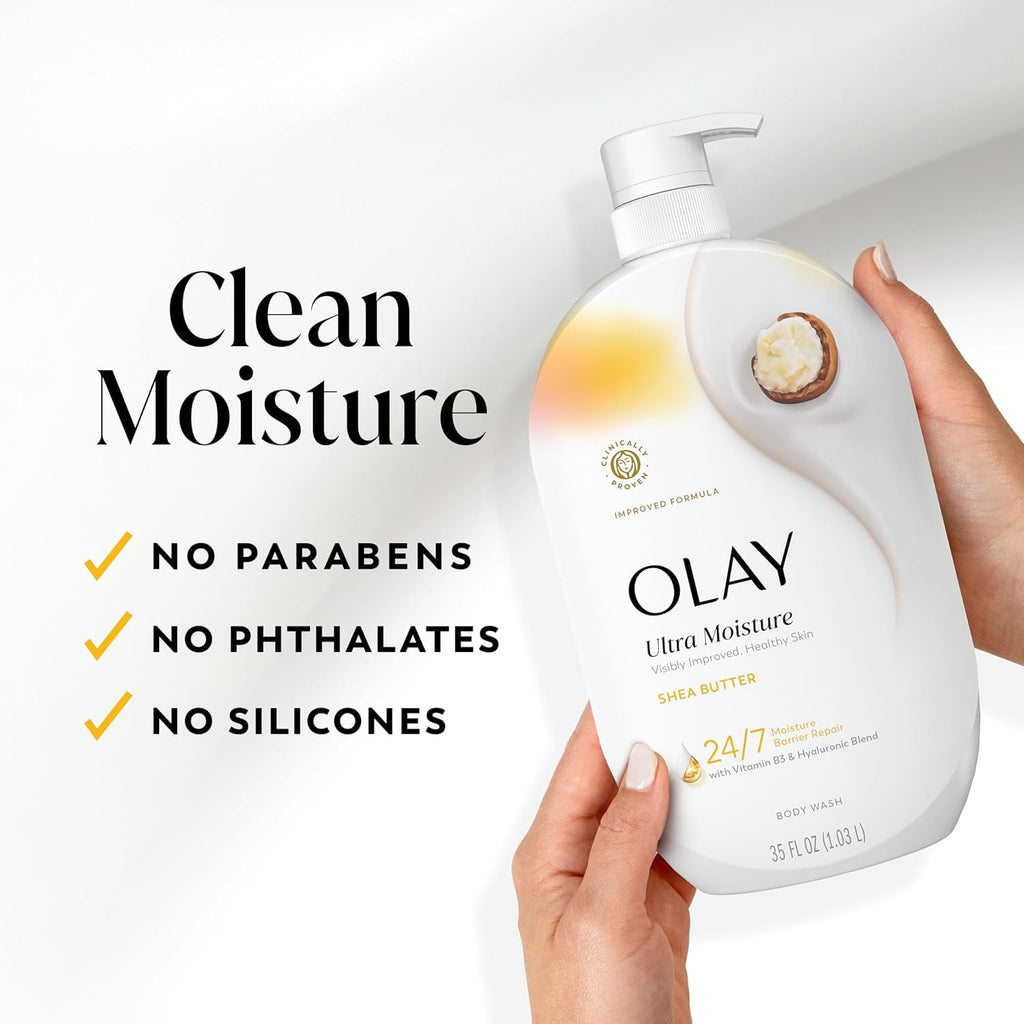 A hand holds a bottle of Olay Ultra Moisture Shea Butter body wash against a clean white background, with text on the left reading 'Clean Moisture' and bullet points about no parabens, phthalates, and silicones.