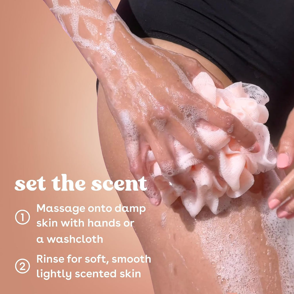 Person applying soap to their arm with text on a beige background