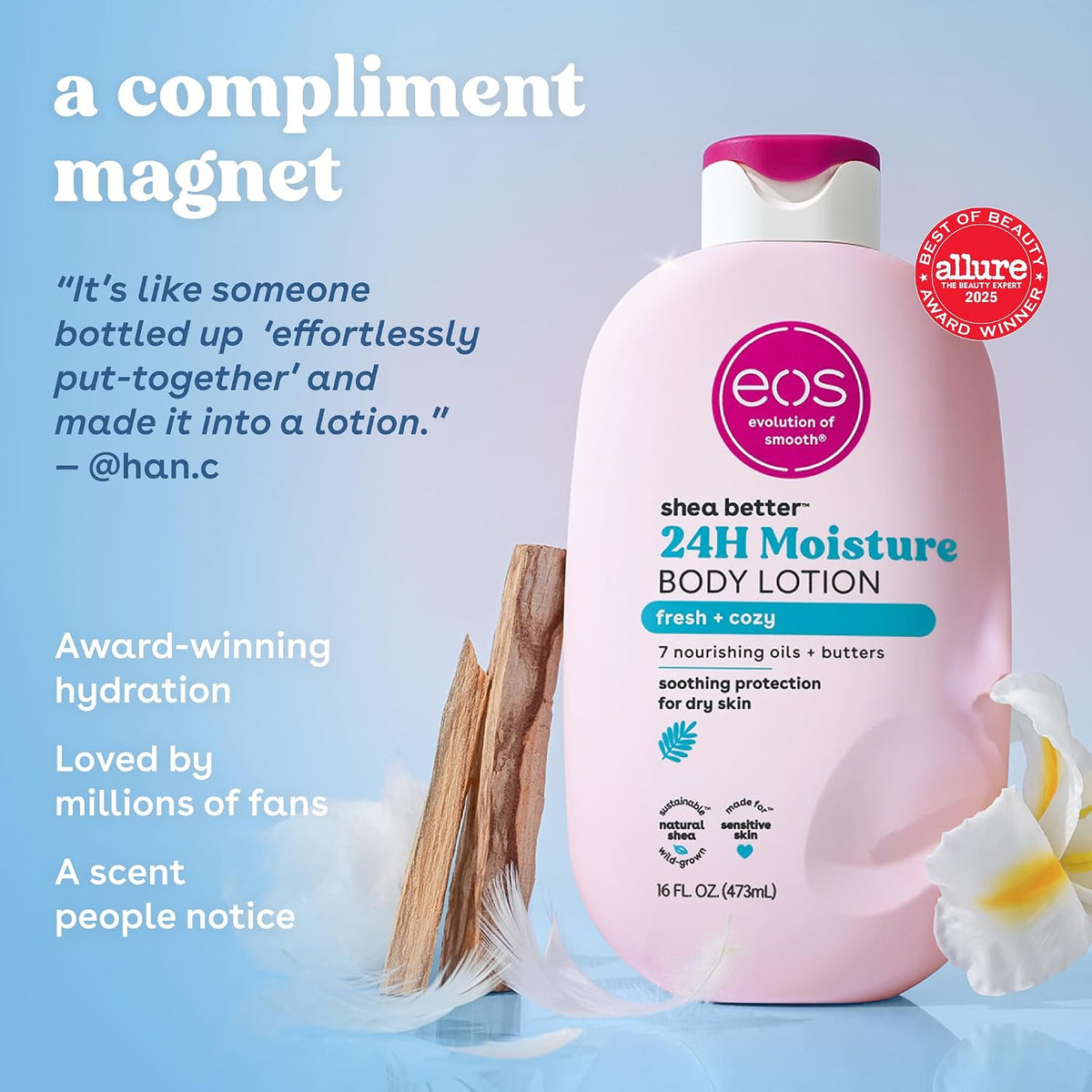 EOS shea butter 24H moisture body lotion bottle with text and floral elements on a light blue background