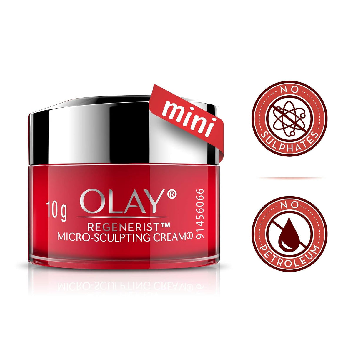Olay Regenerist Mini Micro-Sculpting Cream in a 10g red jar with a reflective silver lid, shown on a white background with two red circular 'No Sulphates' and 'No Petroleum' icons.