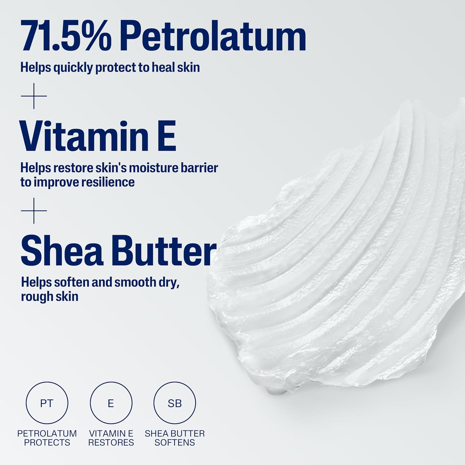 Product description with petrolatum, vitamin E, and shea butter benefits on a white background