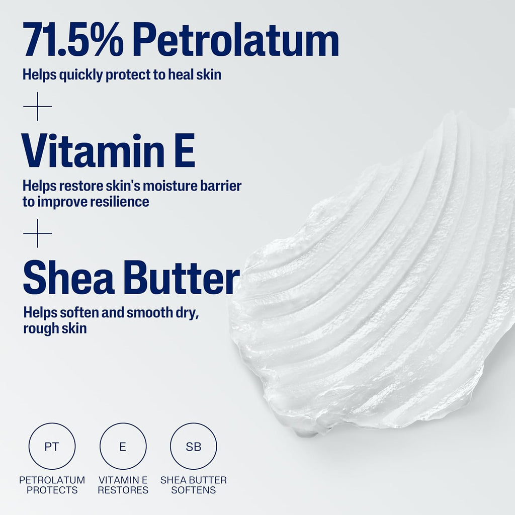Product description with petrolatum, vitamin E, and shea butter benefits on a white background